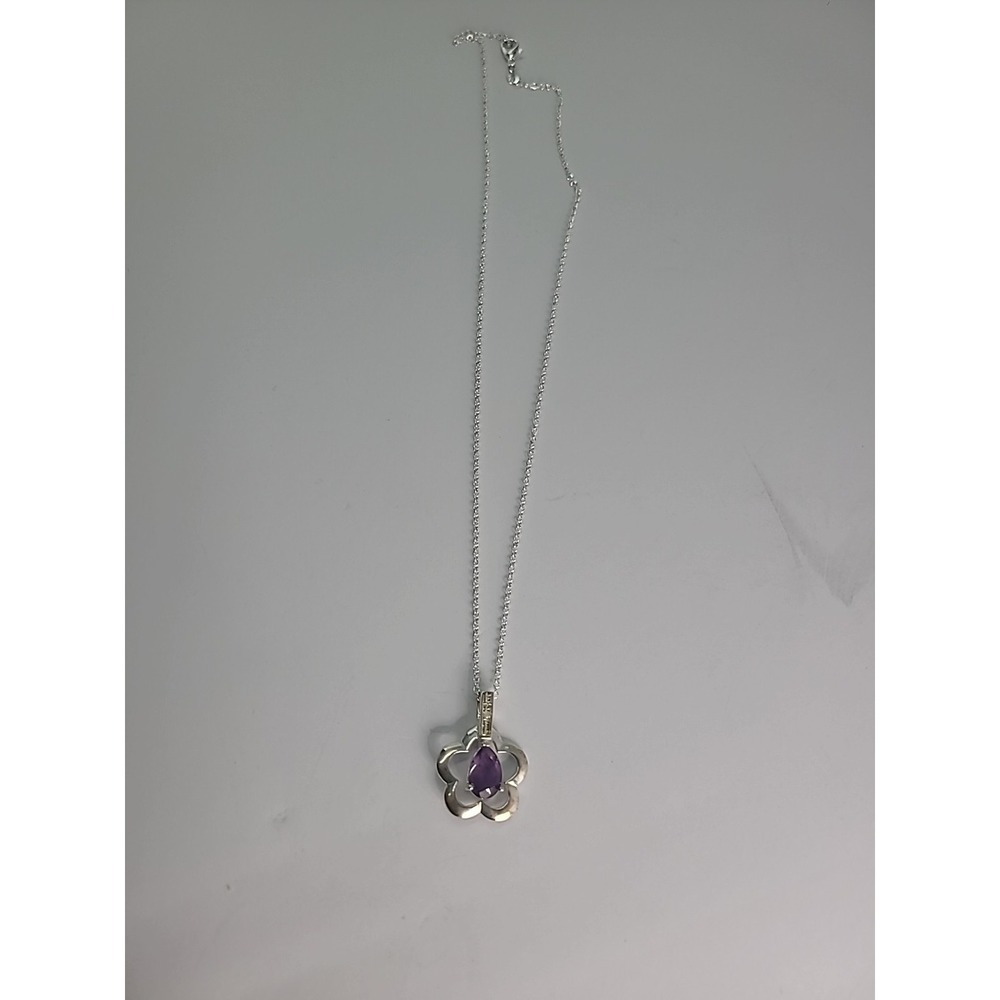Vintage Silver Tone Quatrefoil Flower Pendant Necklace Purple Teardrop Stone - Picture 8 of 11